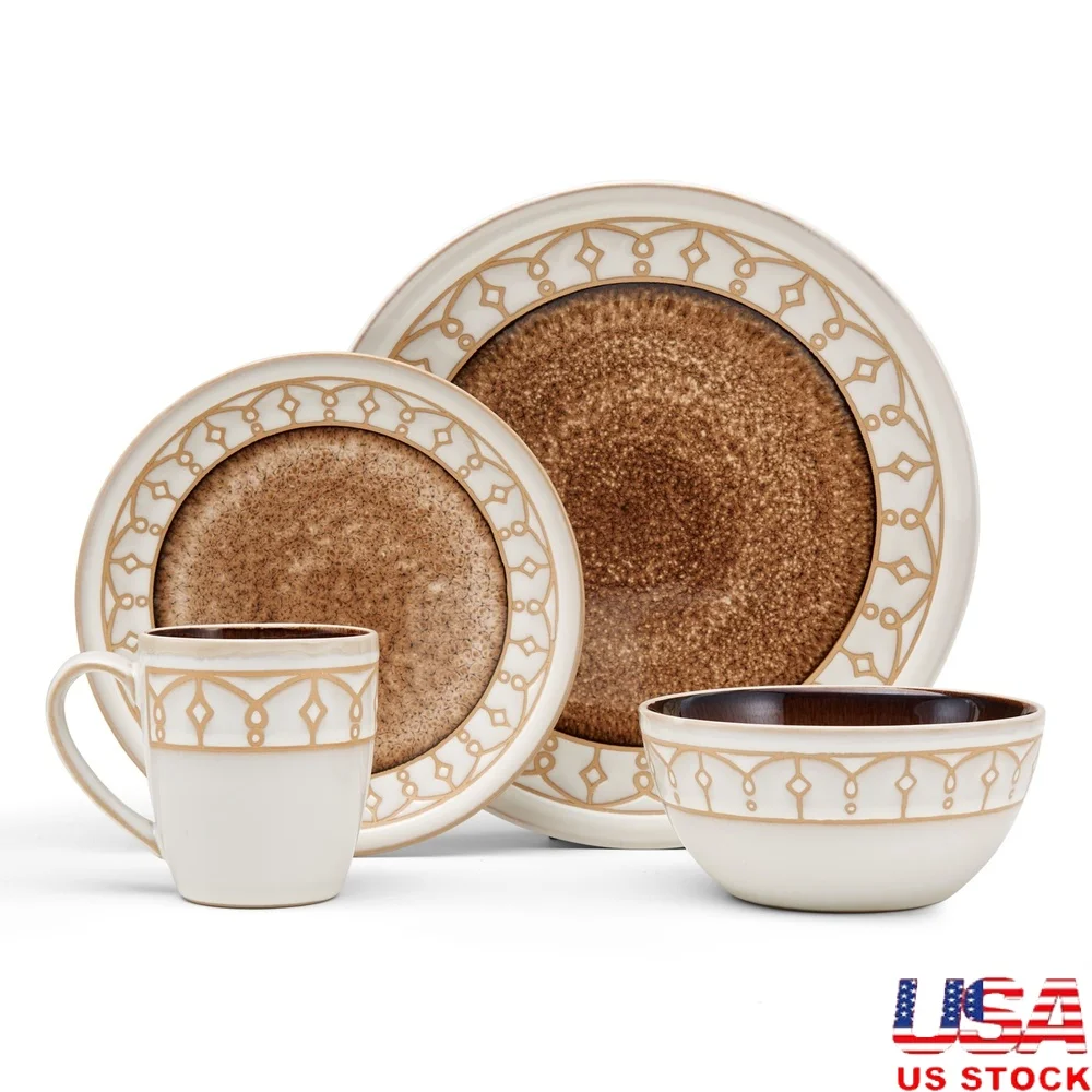 

16-Piece Stoneware Dinnerware Set Unique Reactive Glaze Artsy Design Microwave Dishwasher Safe Service 4 Beige