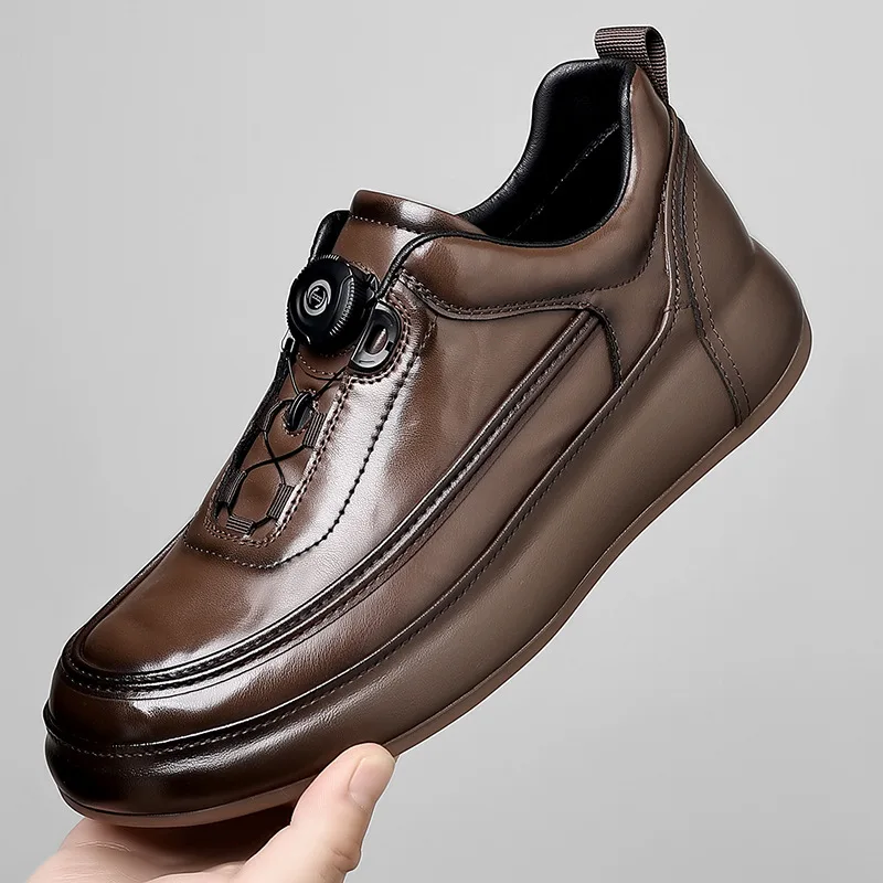 

High Quality Rotary Button Leather Sneakers for Men Autumn New Designer Casual Board Shoes Male Solid Color Sports Shoes Man