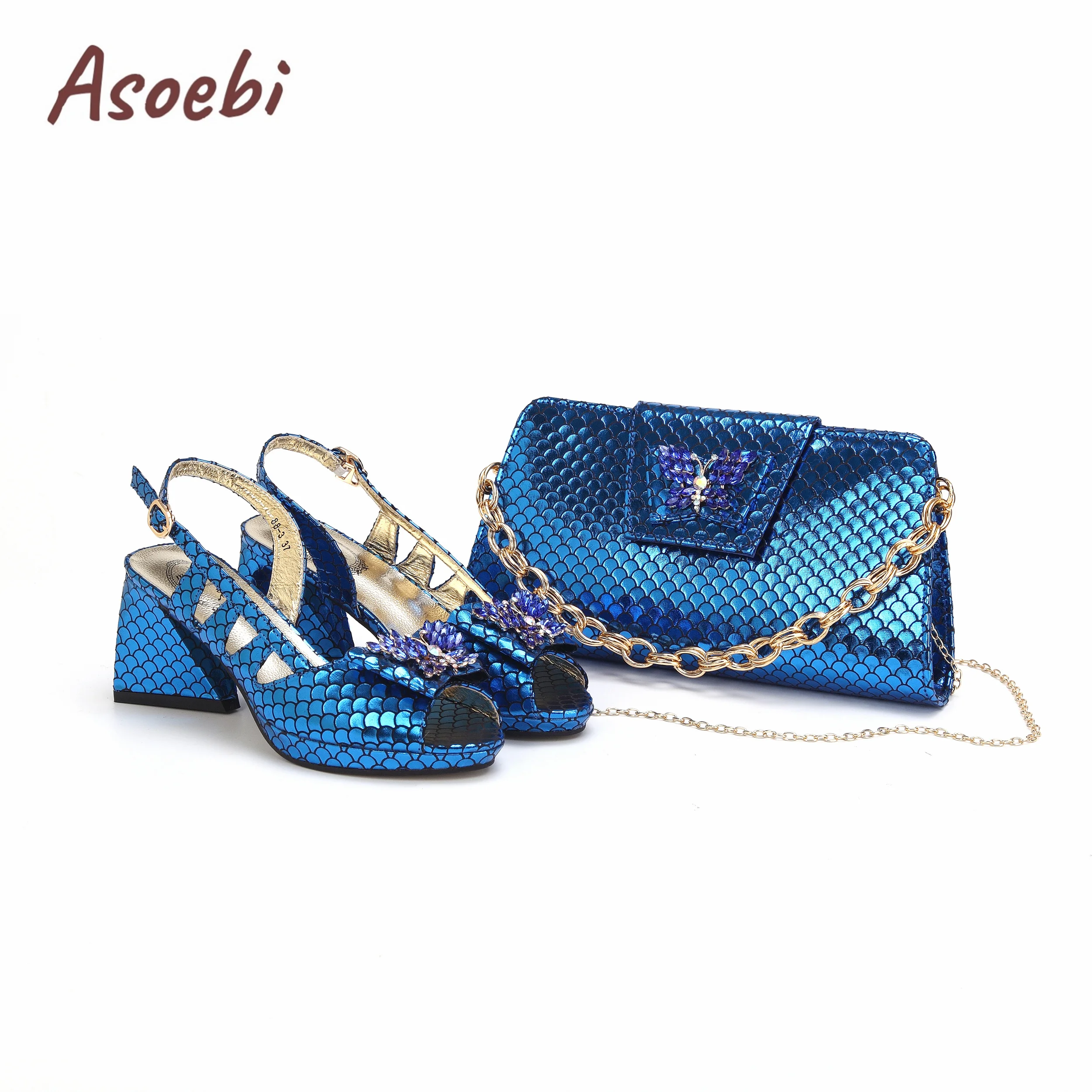 Royal Blue Fish Scale Material Design Ladies Shoes Matching Bag Set For African Women Wedding Party Pump