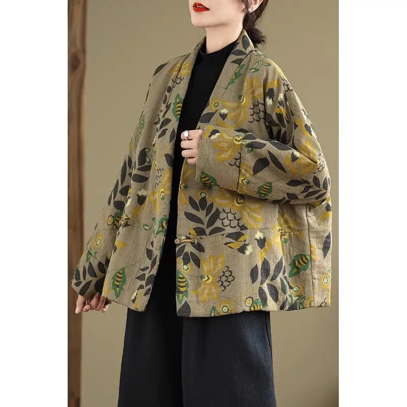 Artistic Cotton And Linen Clothing Light Chinese Style Printed Slanted Placket Buttoned Women's Retro Short Quilted Coat k2683