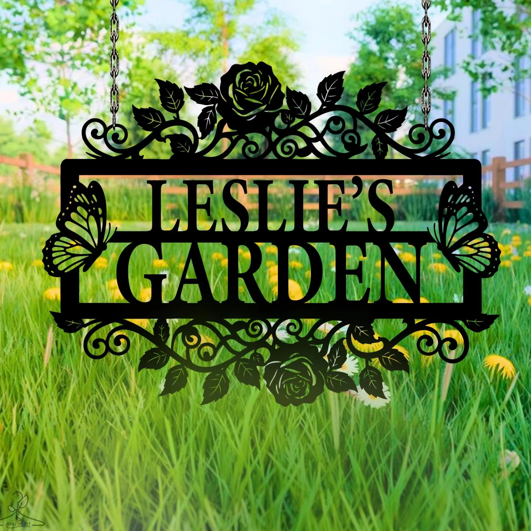 Custom Floral Garden Decor Custom Name Metal Garden Wall Art Butterflies Roses Outdoor Decor Flower Garden Plaque Hanging