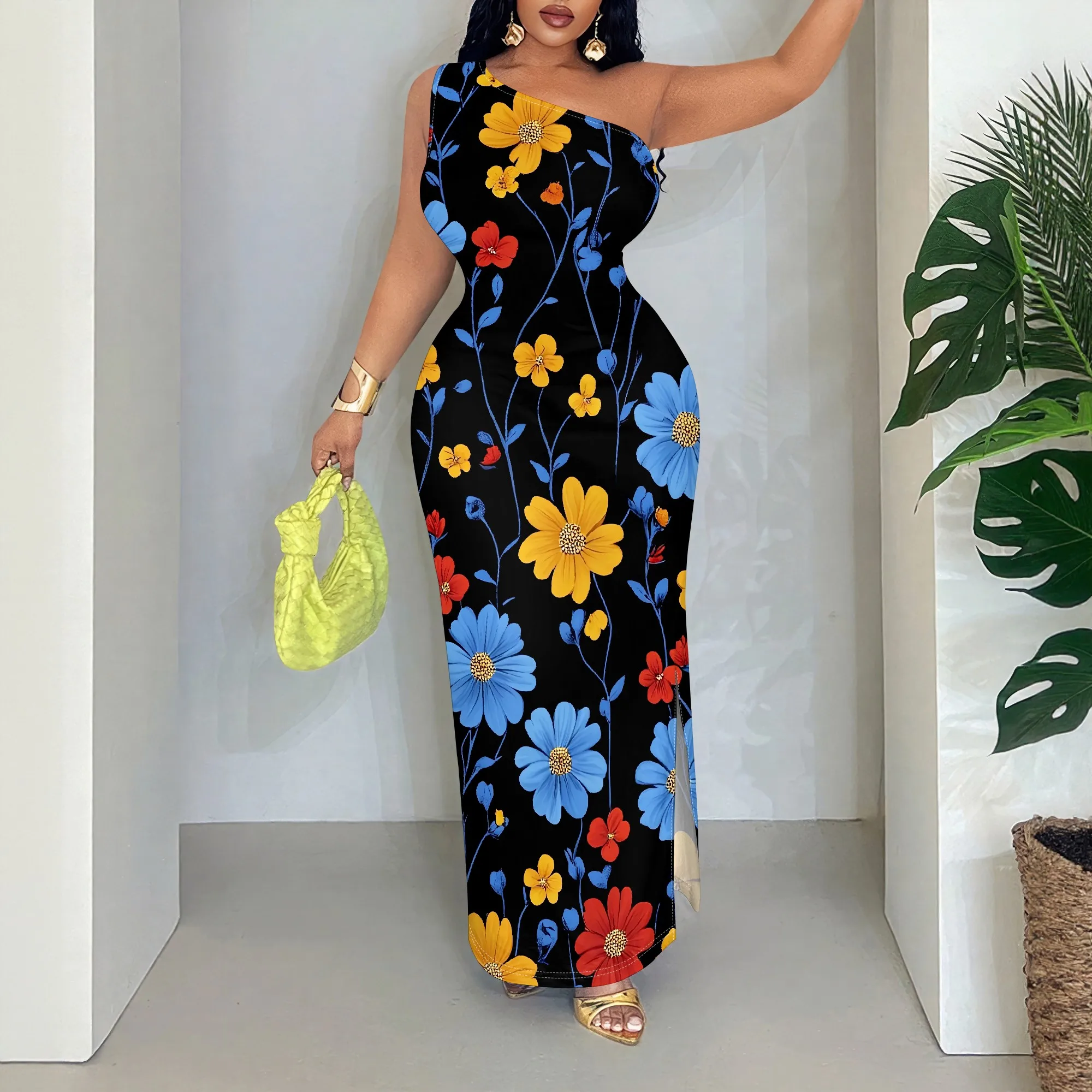 

Floral One Shoulder Maxi Dress, Sleeveless Bodycon Gown, Black Summer Beach Wear for Women, S-2XL