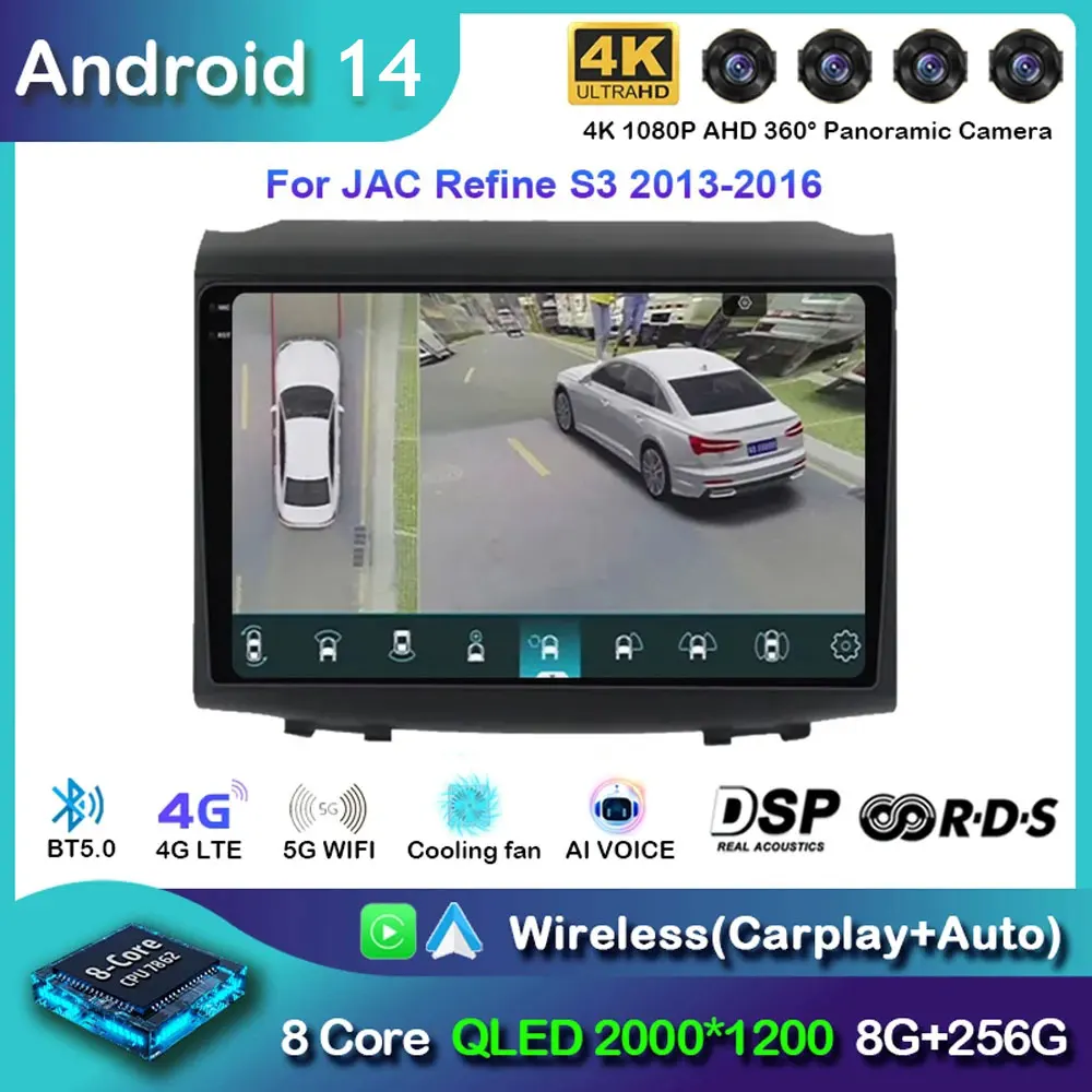 car Radio Android 14 Carplay For JAC Refine S3 2013 -2016 Multimedia Video Player 2 Din Stereo Head Unit GPS Navigation Wifi DSP