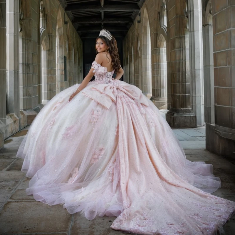 Pink Glitter Quinceanera Dresses Off Shoulder Ball Gown Sweet 16 Dress Applique Lace Bow Beads Tull Party Birthday Vestidos 15