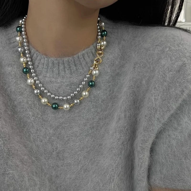 

Double-Layer Autumn and Winter Mixed Color Shijia Pique Linen Flower Button Necklace Women's Light Luxury Niche Temperament Inte