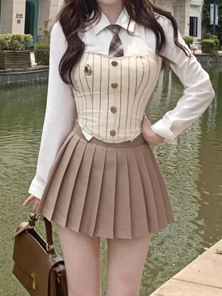 Sweet Elegant 3 Piece Set Women Korean Fashion Party Mini Skirt Set Female Vintage Designer Pleated Skirt Suit 2023 Autumn New