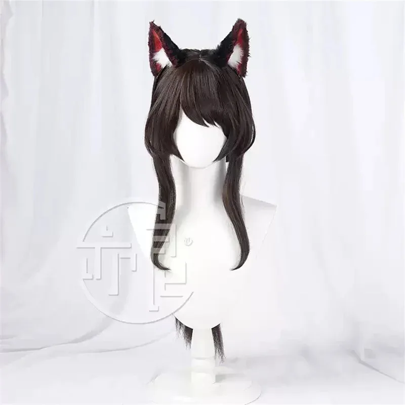 LOL Ahri Cosplay-Perücke, 60 cm langes dunkelbraunes Haar, synthetische Perücke mit Ohr, The Nine-Tailed Fox, Cosplay-Spiel, League of Legends Cosplay
