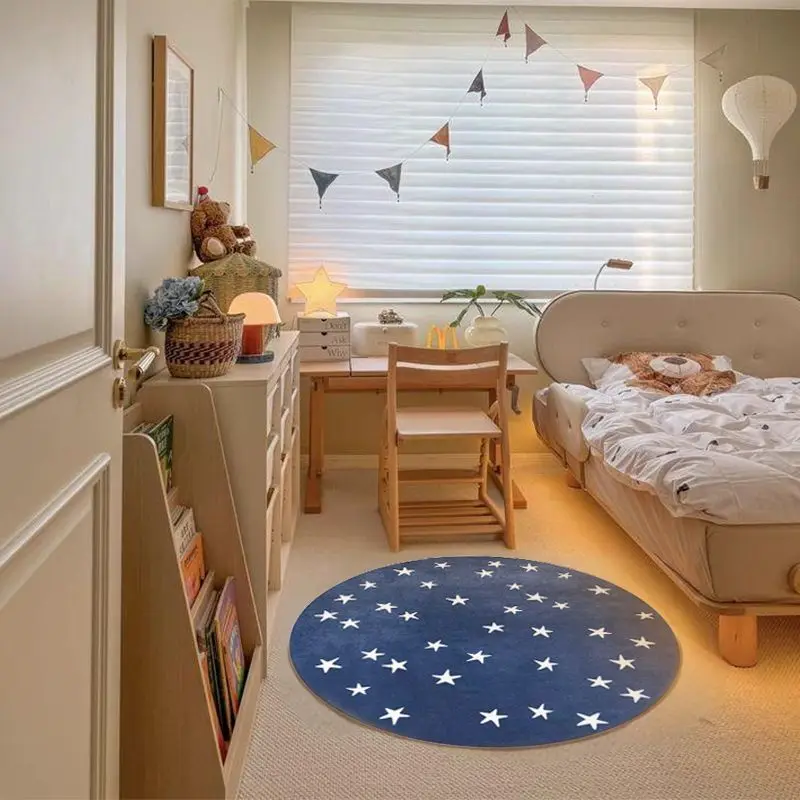Starry Blue Round Rug Flannel Kids Room Nursery Play Area Soft Comfortable Floor Mat Childrens Bedroom Decor