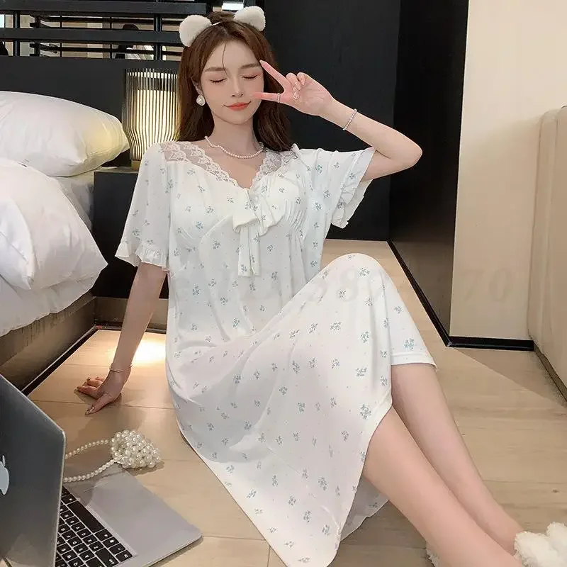 

Sexy Lace V-Neck Nightdress Lingerie Home Dressing Modal Print Nightgown Summer Short Sleeved Sleepwear Loose Casual Loungewear