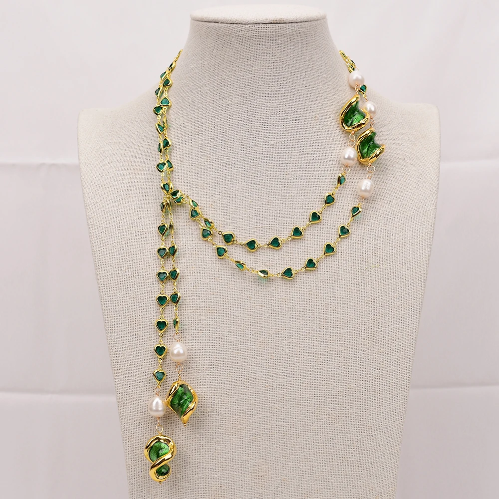 

GG 49'' Cultured White Rice Pearl Green Murano Glass Heart Crystal Sweater chain Long Necklace Handmade Women Jewelry