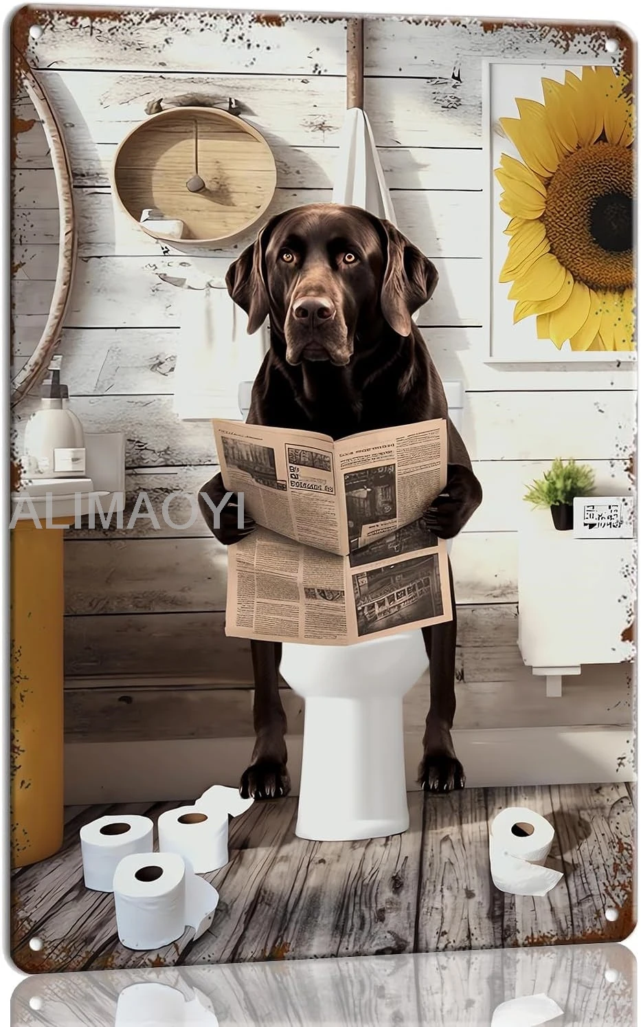 Funny Labrador Retriever Dog Bathroom Wall Art Metal Sign Dog on Toilet Reading Newspaper Wall Art Bathroom Decor Anima Alu sign