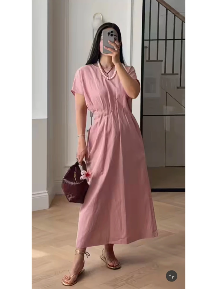 

2025 summer new women's series fashion pleated design wide shoulder waist short-sleeved MIDI dress Versatile slim fit and slimm