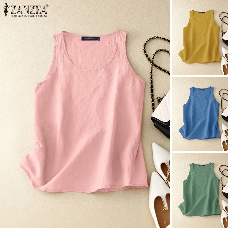 ZANZEA Sommer Ärmellose Tanktops für Damen, lässige einfarbige Bluse, O-Ausschnitt, lockeres Urlaubshemd, atmungsaktiv, leicht, T-Shirts für Damen