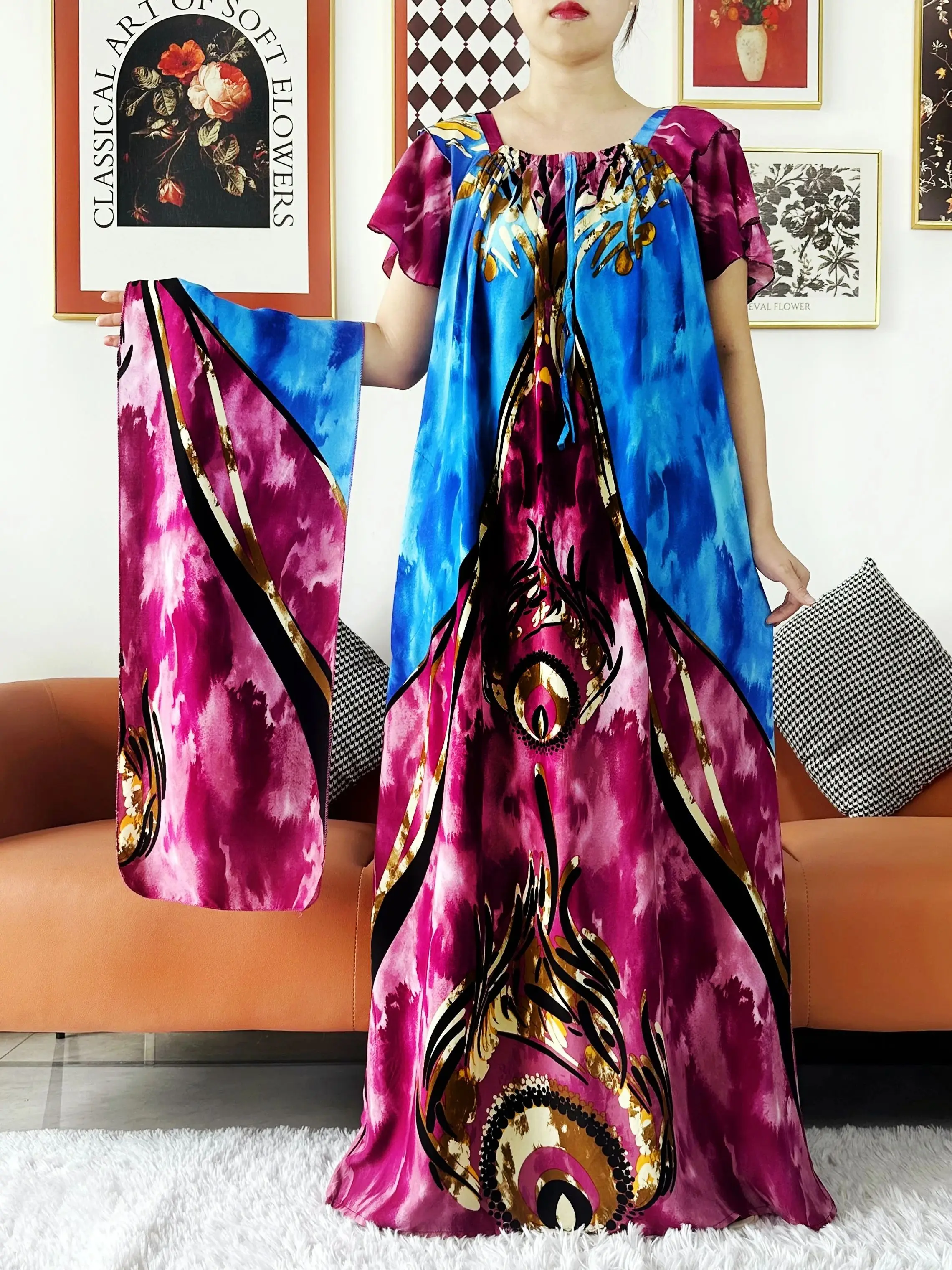 2024 Nowa muzułmańska abaja dla kobiet Boat Neck African Cotton Maxi Printed Loose Floral Boubou Maxi Islam Women Short Sleeve Abaya