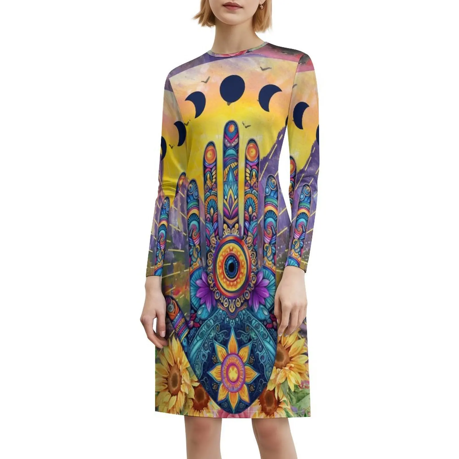 همسة يد السلام يد فاطمة البوهيمي فستان بلا أكمام متعدد الطباعة شاطئ عطلة فستان الحفلات همسة يد همسة يد