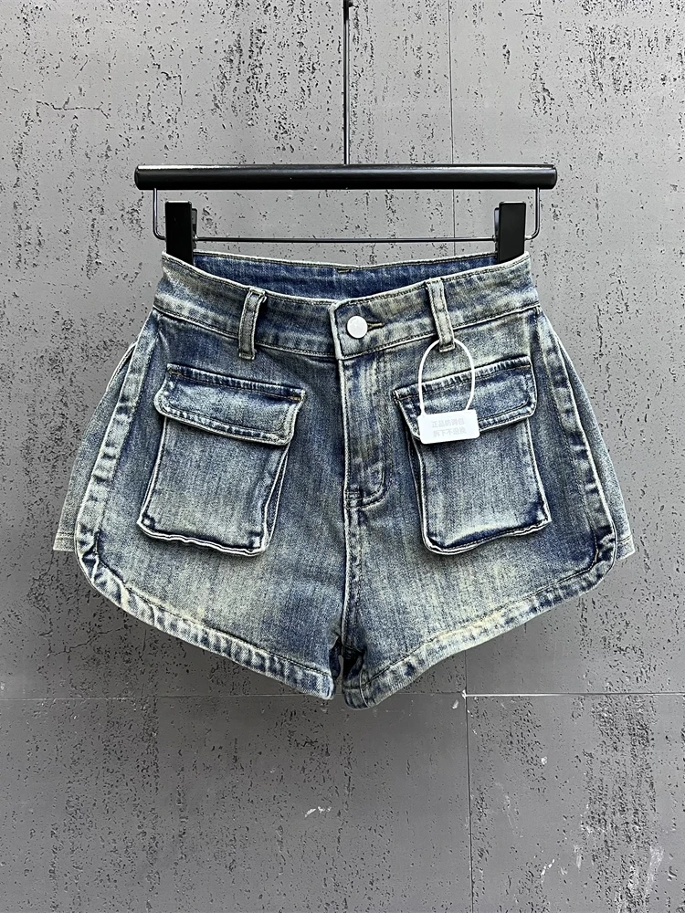 Short en denim cargo décontracté pour femme, poches solides, streetwear taille haute, pantalon basique, mince, vintage, vêtements de mode