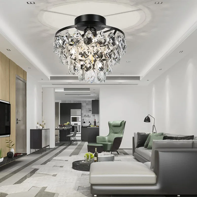 

Luxury crystal ceiling LED light corridor dressing room small pendant light French semi embedded ceiling light gold black