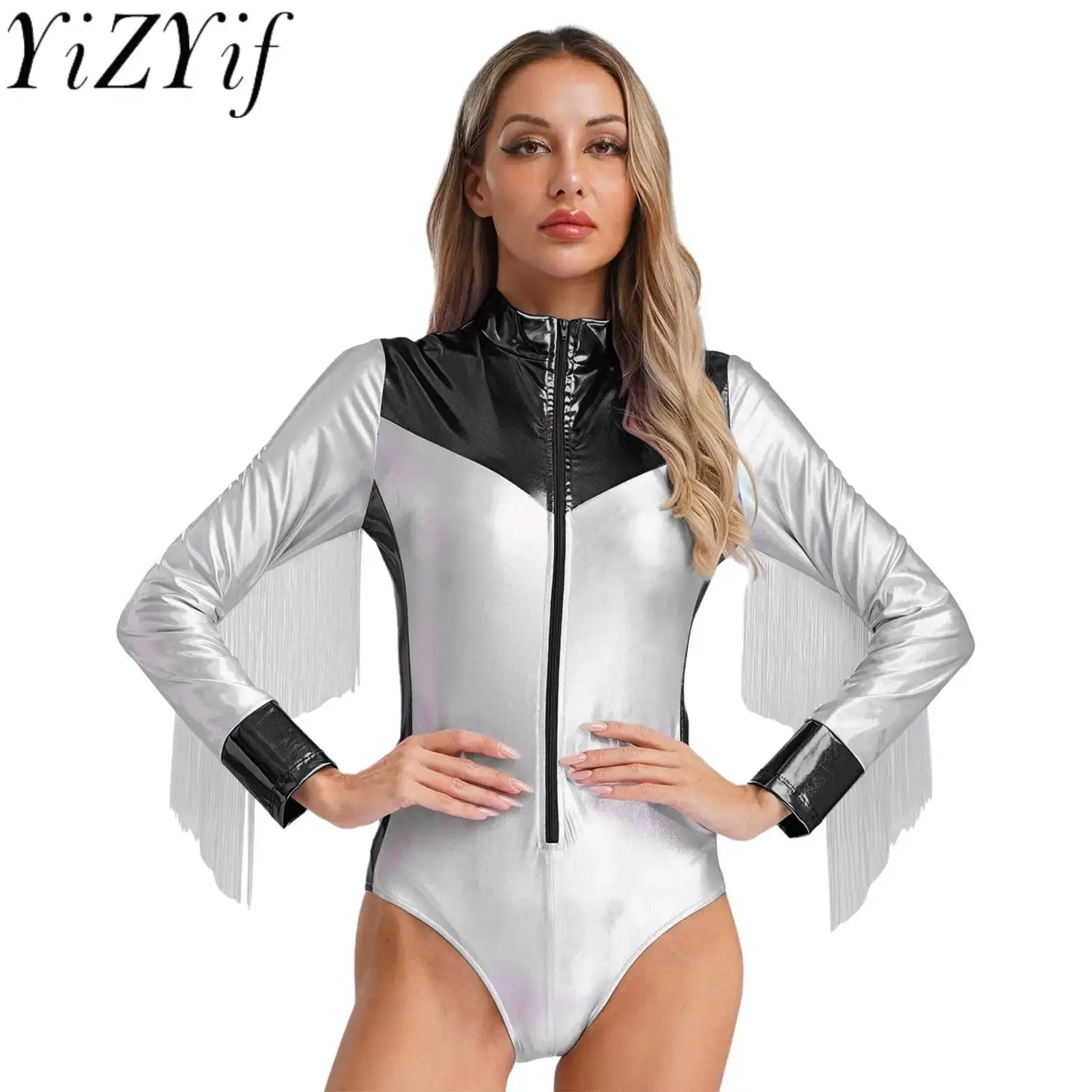 

Women Fashion Gymnastic Latin Jazz Dance Bodysuit Long Sleeves Tassel Leotard Party Bar Pole Dancing Stage Performance Costume