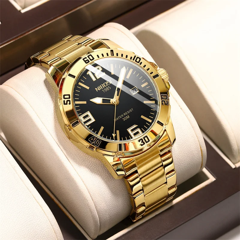 NIBOSI New Gold Quartz Watch for Men Sports Stainless Steel Waterproof Luminous Classic Mens Watches Top Brand Luxury Wristwatch