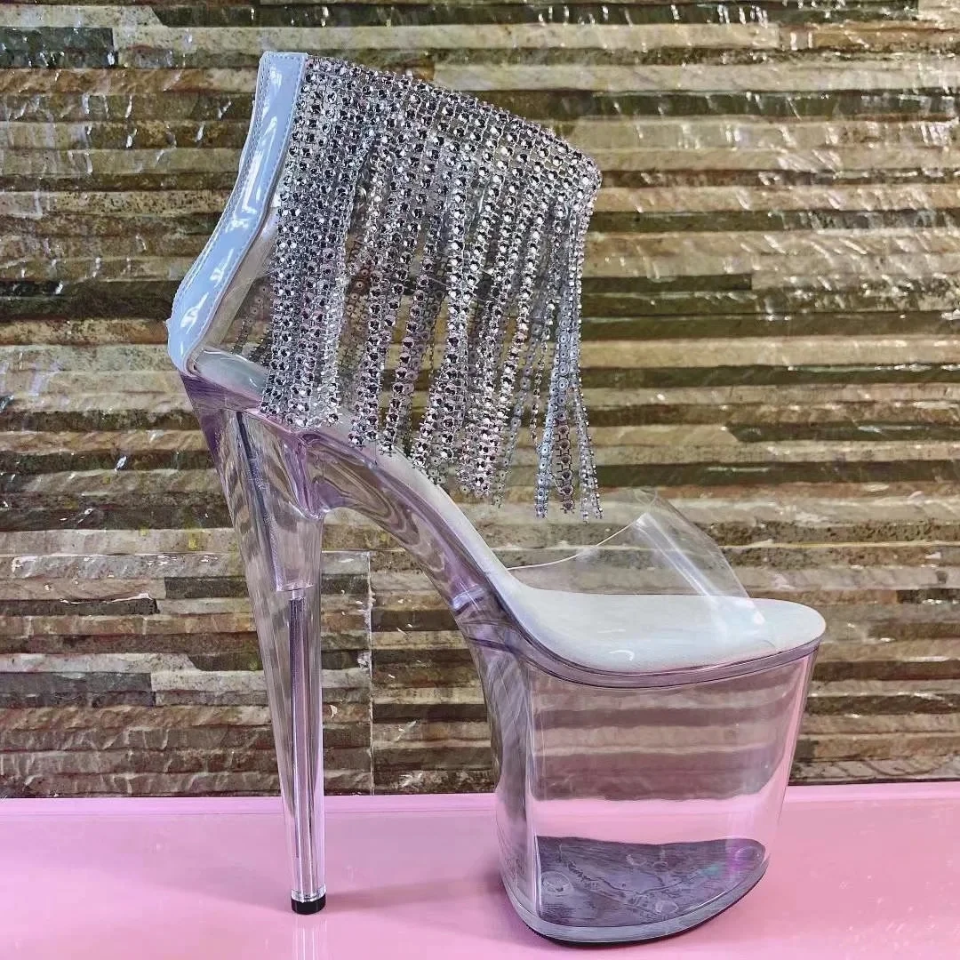 

8 inch high heels, 20 cm high transparent summer women, sequins decorated sexy model pole dance shoes