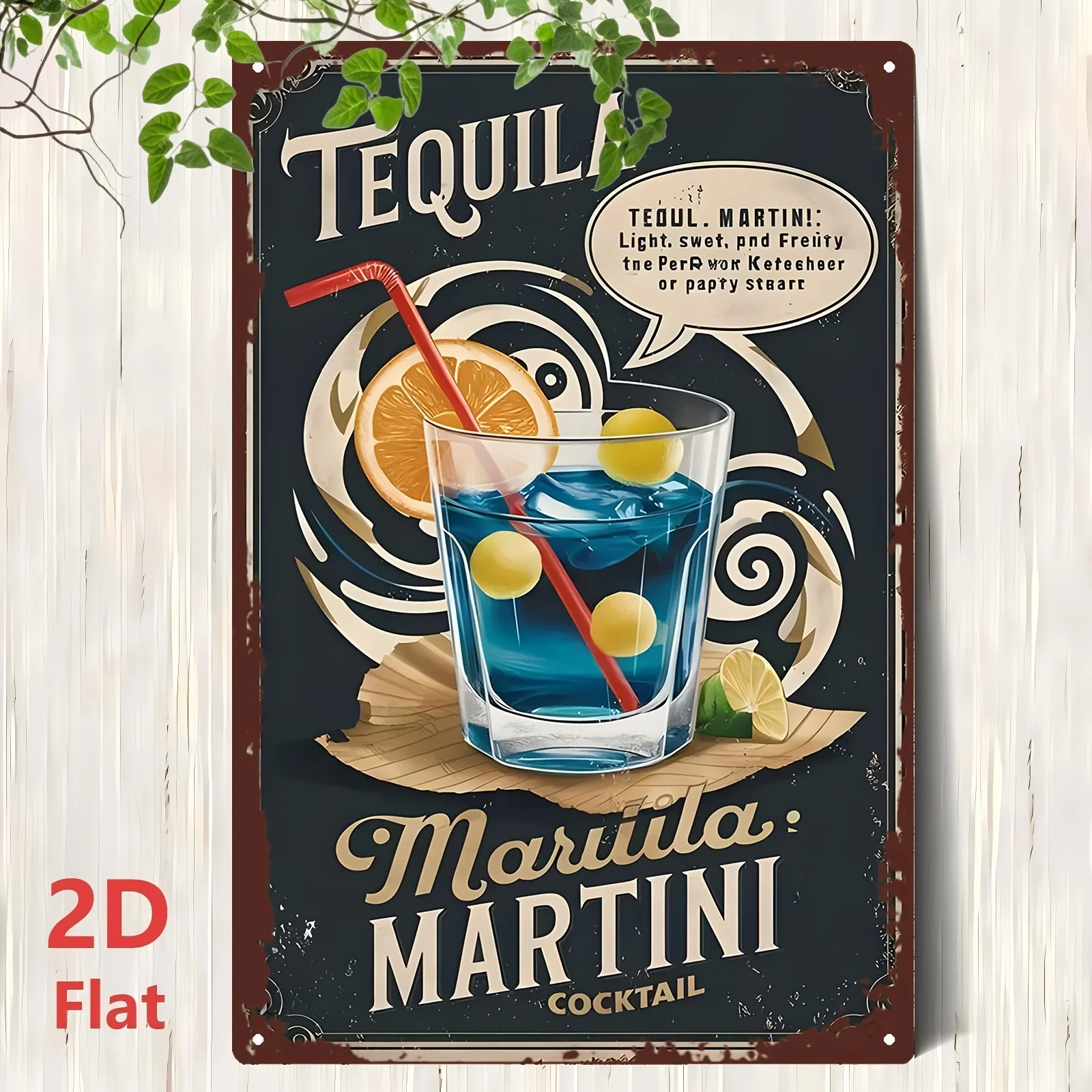 2D Flat,Vintage Tequila Martini Cocktail Metal Tin SignVintage Wall Art, with Blue Drink   Home, or Garden Decor, Easy to Hang