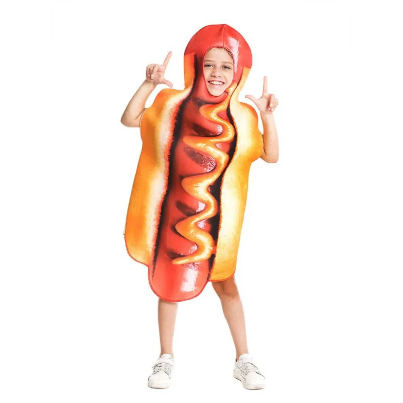 Adult Kids Funny 3D Print Hot Dog Costumes Halloween Food Sausage Men Women Boys Unisex One-Piece Costume Carnival Jumpsuit -B