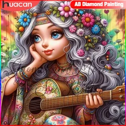 HUACAN DIY Diamond Mosaic Girl Full Square Round Diamond Painting Guitar Set Art Picture Of Rhinestones