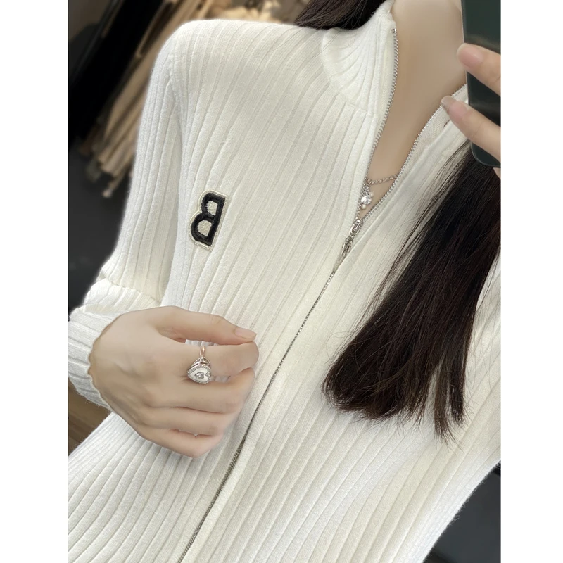 Autumn Winter Women Merino Wool Sweater Mock Neck Cardigan Slim Knitted Tops New Outerwear Clothing Double Zipper Warm Jacket