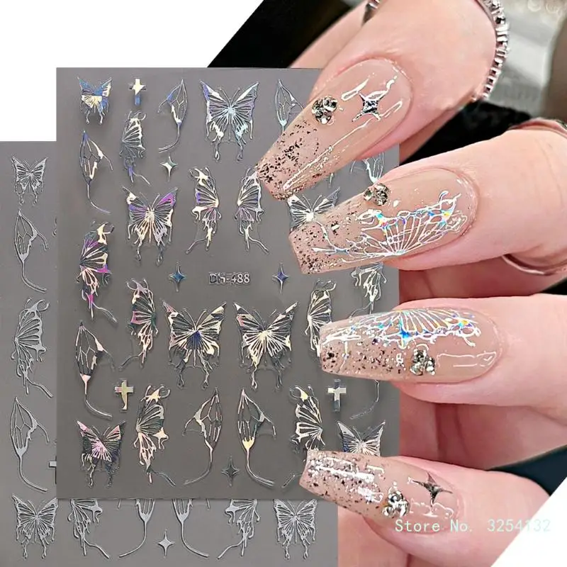 3d borboleta adesivos para manicure, 6 folhas, decalques adesivos, em relevo, dourado, glitter, verão, diy