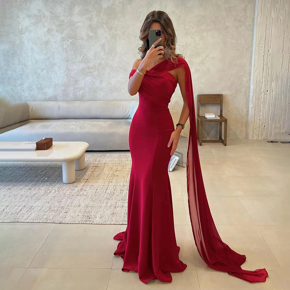 

Custom Made Sleeveless Chiffon Pleated Bridal Sheath Evening Dress Floor Length Backless Train Prom Party Dress with Cape