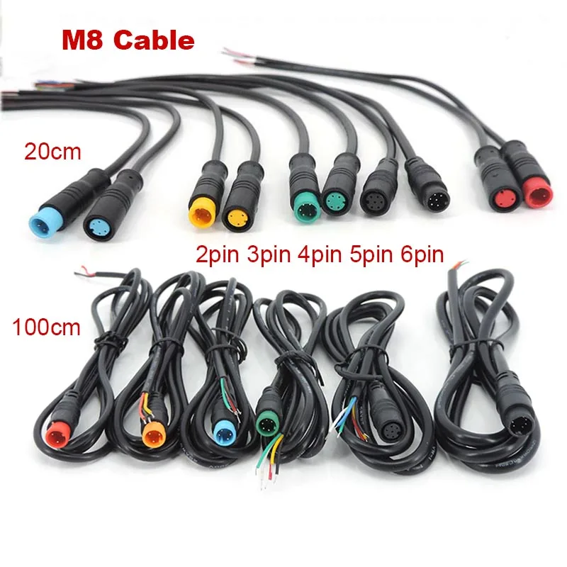 20cm 100cm 2pin 3pin 4pin 5pin 6pin M8 Cable male female Extension connector Cable Electric Bicycle Waterproof Ebike Wire