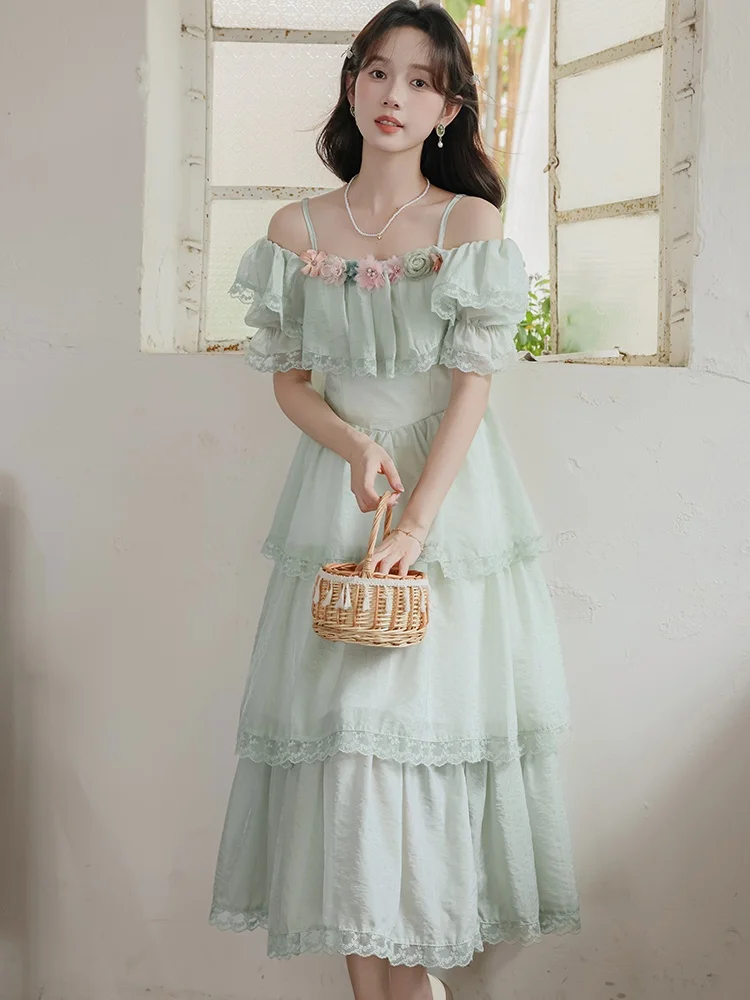 

SMTHMA New Fashion Sweet Luxury Summer Slash Neck Ruffle Flower Lace Spliced Dress Temperament Spaghetti Strap Cake Dresses