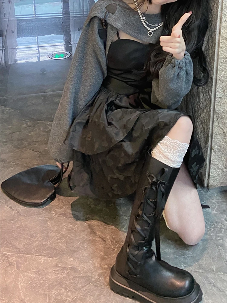 2022 Winter Black Sexy Strap Dress Women Patchwork Elegant Slim Casual Mini Dress Female Korean Fashion Bow Designer Party Dress