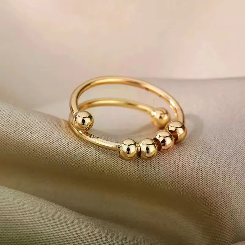 FTCY Anxiety Balls Beads Rings For Women Stainless Steel Open Spinner Adjustable Finger Ring Otating Freely Anti Stress Jewelry