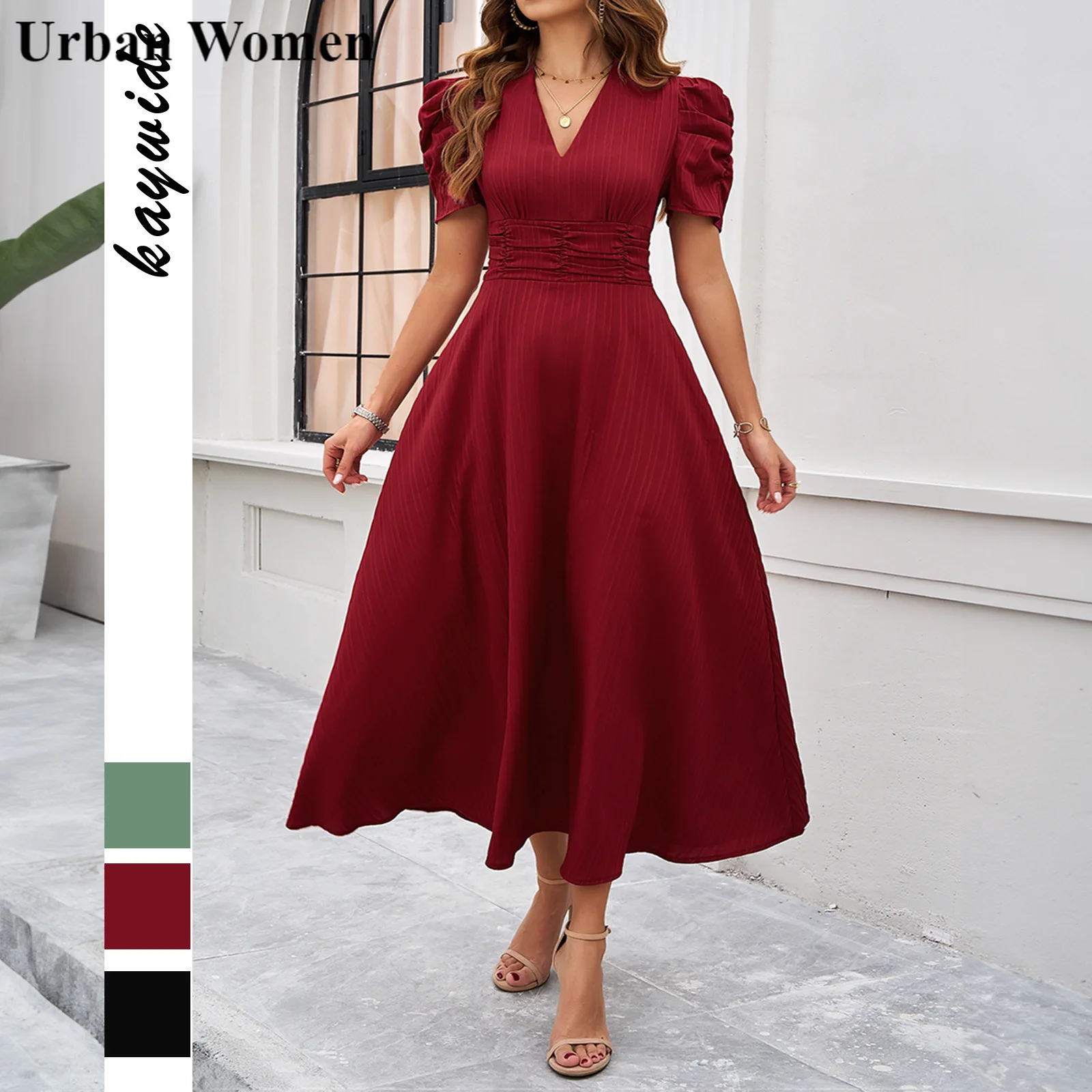 

Summer Casual Solid A-line Dress Women Fashion V-neck Bubble Sleeves High Waist A-line Dress Women