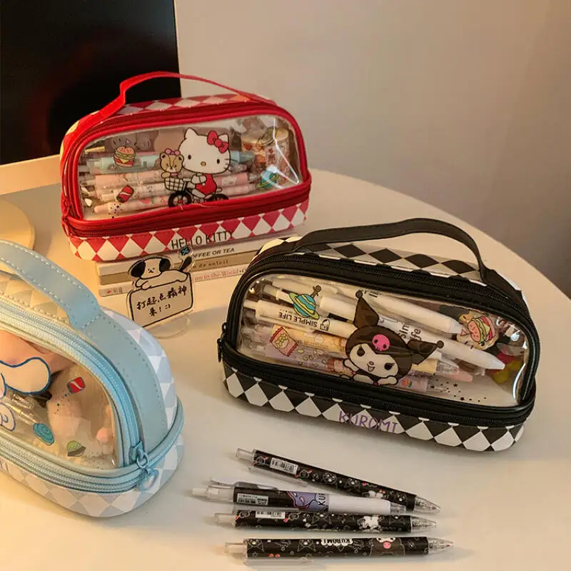 Sanrio Series Transparent Pencil Case Cartoon Hello Kitty Kuromi Storage Bag Large Capacity Double-layer Portable Pen Bags