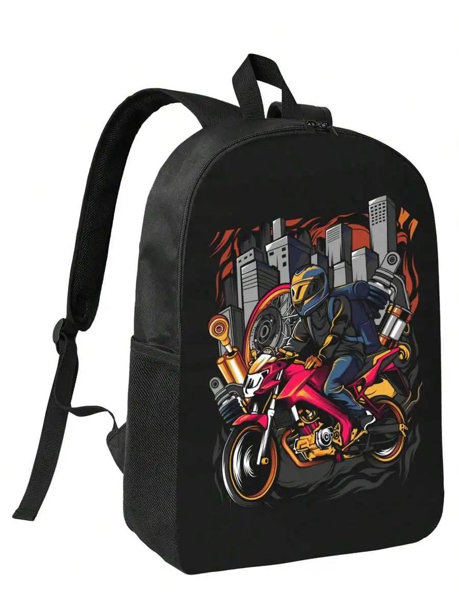 Stylish Motorcycle Graphic Backpack For Adults Durable Waterproof Casual Daily Travel School College