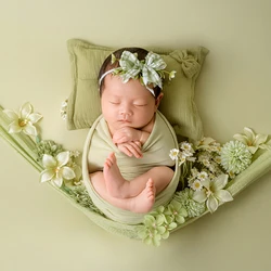 Newborn Baby Photography Props Infant Photoshoot Elastic Wrap Cloth Adjustable Bow Headflower Green Theme Baby Photo Accessories