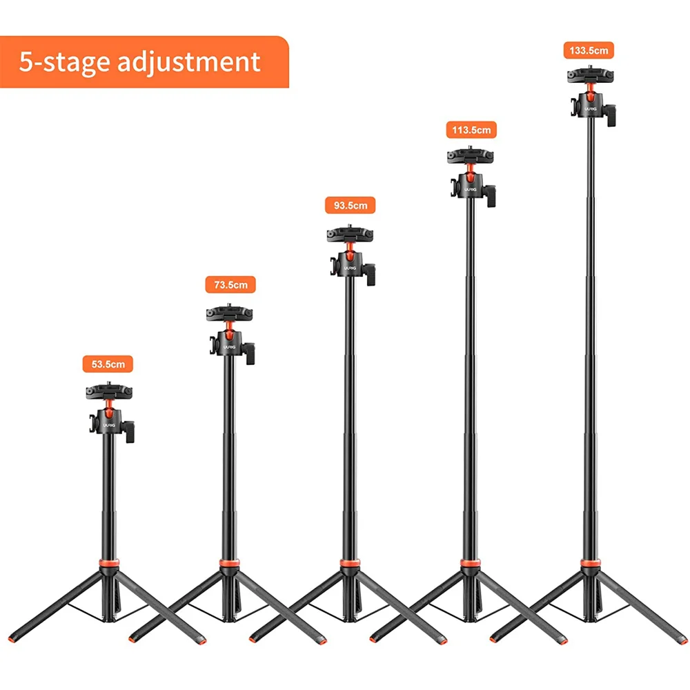 UURIG Extend Phone Tripod DSLR Camera Tripods 5 Section with Phone Mount Holder for Smartphone Mic Led Light Video Livestream