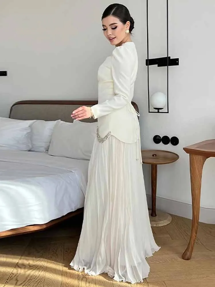 MCDV Luxus Diamanten Abend Party Kleid Frau Chic Langarm Unregelmäßige Gespleißt Plissee Maxi Kleid Elegante Prom Club Robe 2025