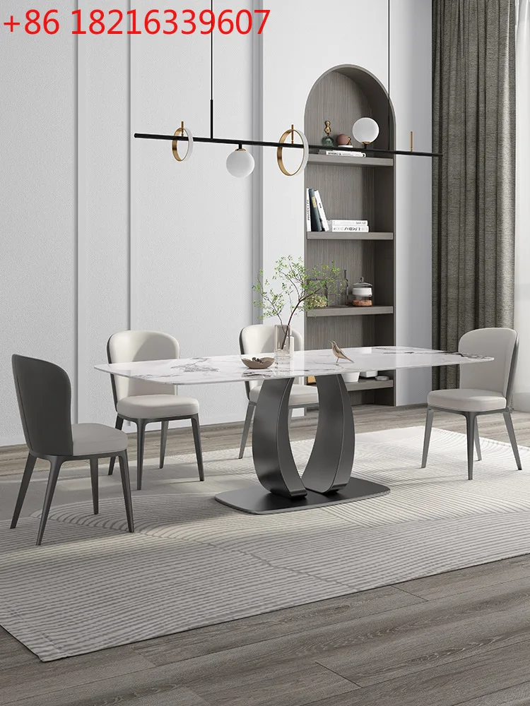 

Light luxury high-end gun iron gray glossy slate dining table and chair combination modern simple designer home rectangle