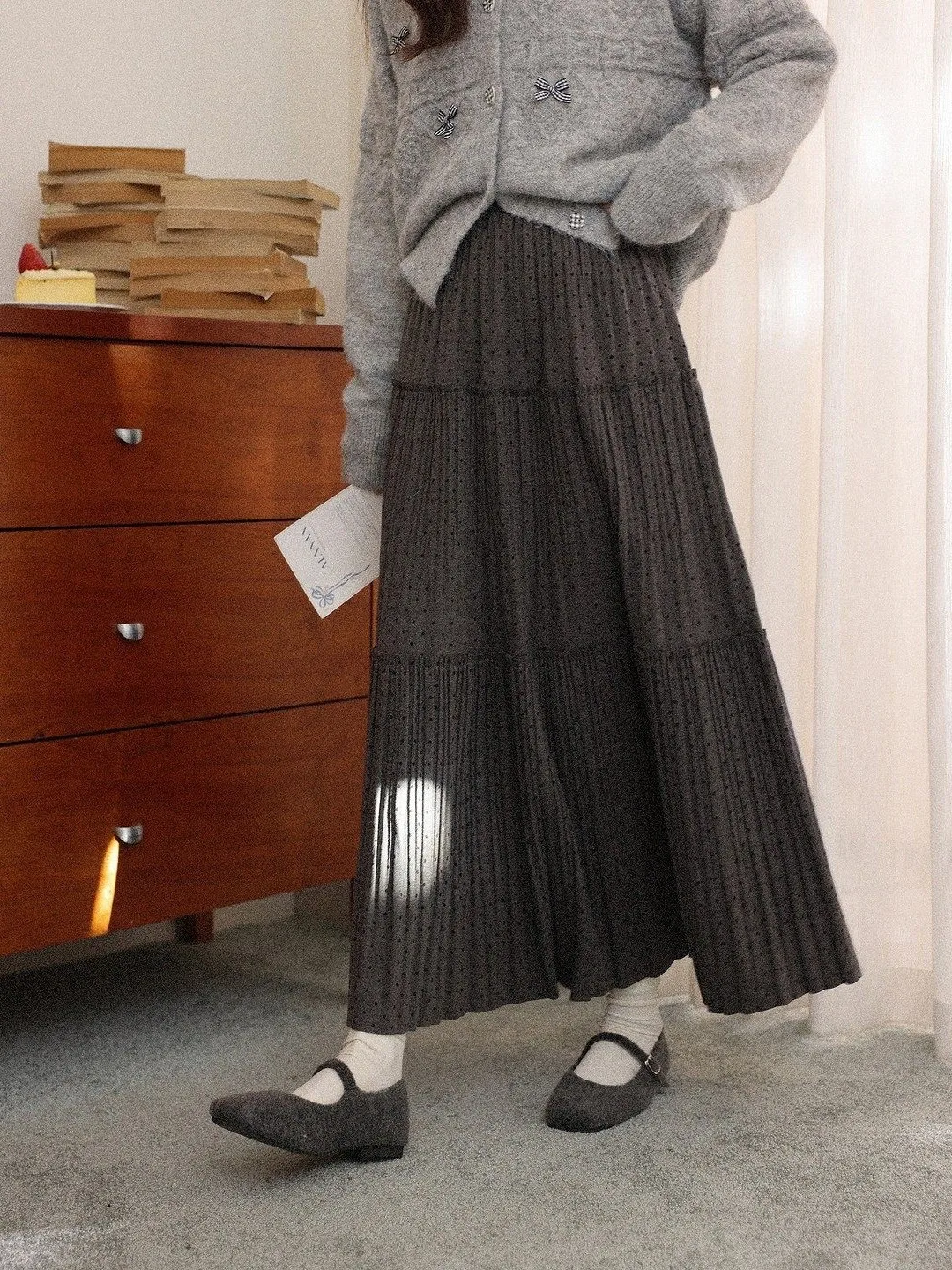 

Gray Polka Dot Splice A-Line Skirt Women's High Waist Knitted Half Body Autumn Winter Seasonal Design Sensation by Deer towar...