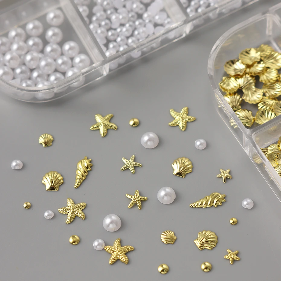 Encantos 3D de estrella de mar y conchas doradas, tachuelas de metal, perlas, cuentas de caviar, tachuelas de verano, decoraciones de arte de uñas 5