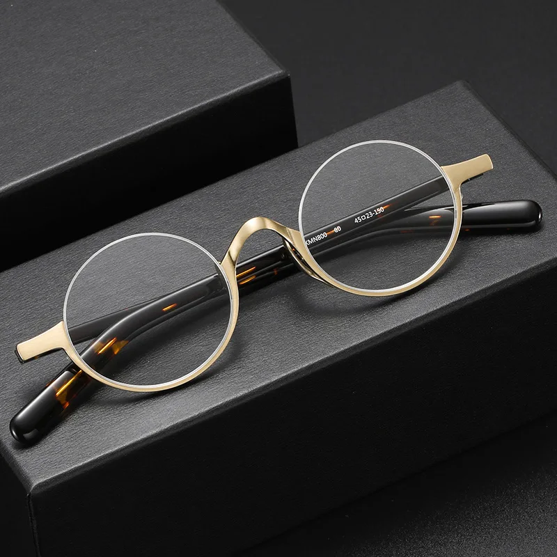 Japan Brand Designer Man Half Round Titanium Frame Vintage Optical Eyeglasses Women Retro Oval Blue Light Myopia Glasses KMN80