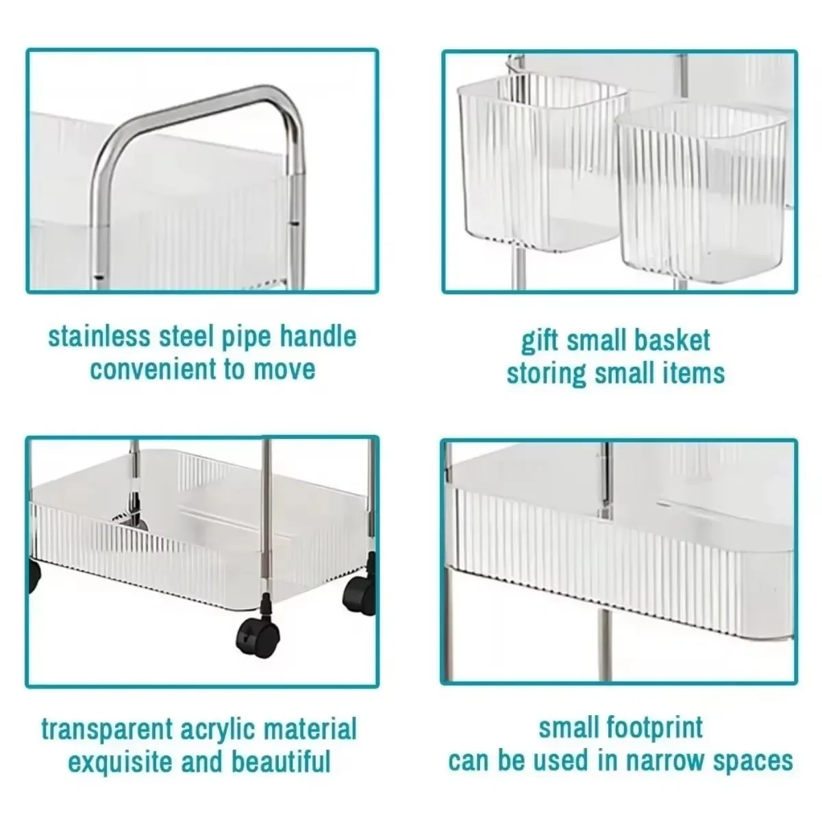 Storage Rack Trolley Multi Storey Transparent Acrylic Rolling Cart with Hanging Baskets Snack Book Storage Shelf Home Organizer