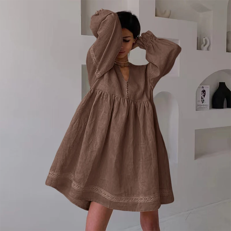 Letnia bawełniana lniana sukienka w stylu francuskim Moda dojeżdżająca do pracy Patchwork Lace Casual Loose Dress Women Sexy V Neck Lantern Sleeve