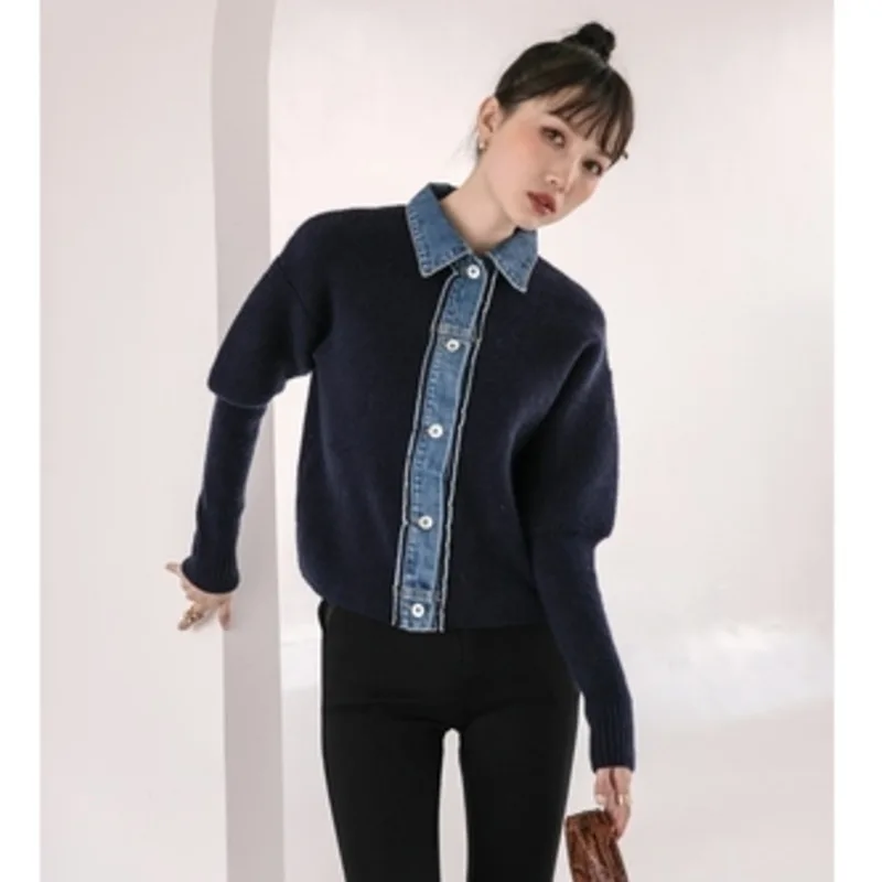 Spring Autumn New Knitted Women's Sweater Loose Stitching Denim Jacket Fake Two-Piece Cardigan Coat Short Female Top