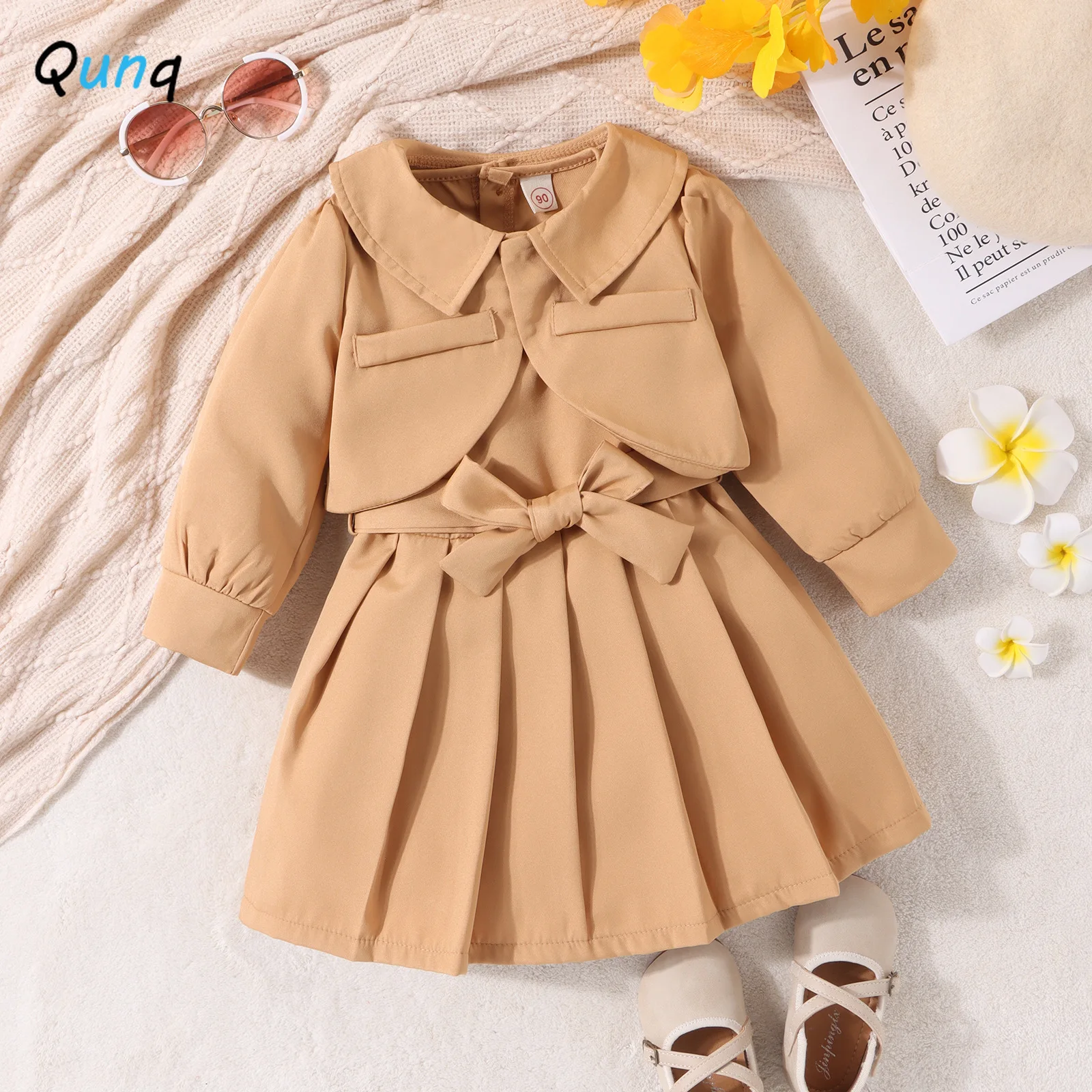 

Qunq 2023 Autumn Girls Long Sleeves Cardigan Short Coat + Pleated Strappy Vest Dress 2 Pieces Set Casual Kids Clothes Age 3T-8T