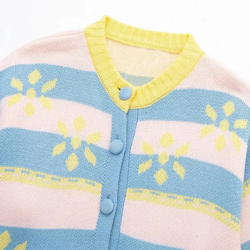 TRAF Outerwears 2024 Spring Autumn Women Floral Printed Knitted Coats Ladies Fashion Casual Cute Long Sleeve Knitwear Coat