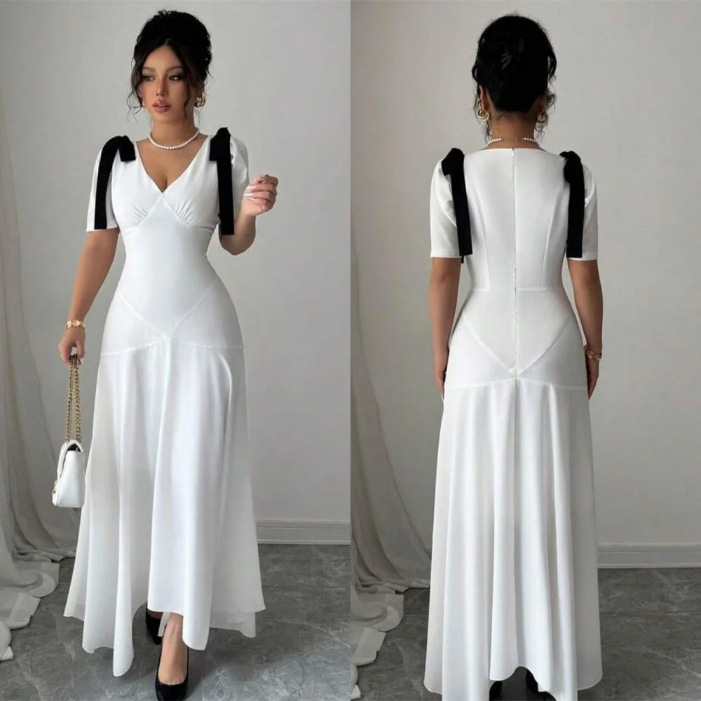 

Customized High Quality White Chiffon Evening Dress Temperament V-Neck Cap Sleeve Sleeveless Contrast Color Bow Celebrity Gowns